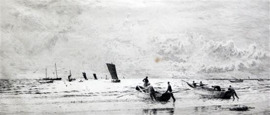 William Lionel Wyllie (1851-1931) Shipping off Portsmouth & Fishing boats putting out to sea 8.5 x19in. unframed